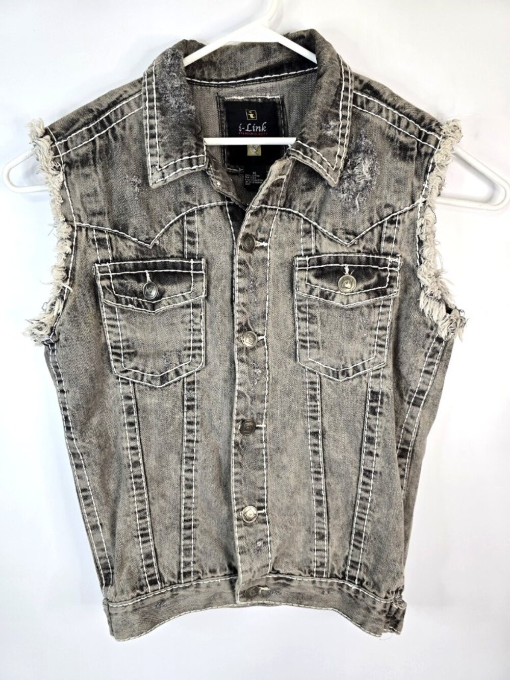 VTG i LINK Stone Wash Distressed Button Down Denim Jean Vest Women's Size XL